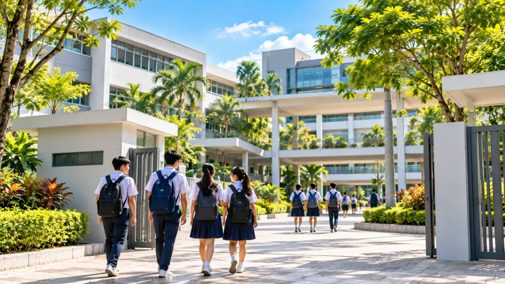 Modern secondary school campus in Singapore surrounded by greenery