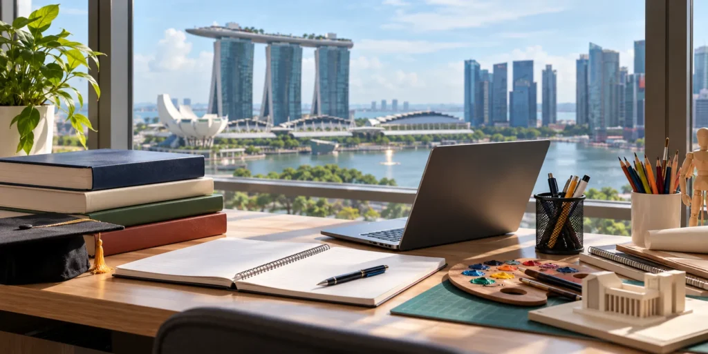 Study desk with books and laptop representing tertiary education pathways in Singapore.