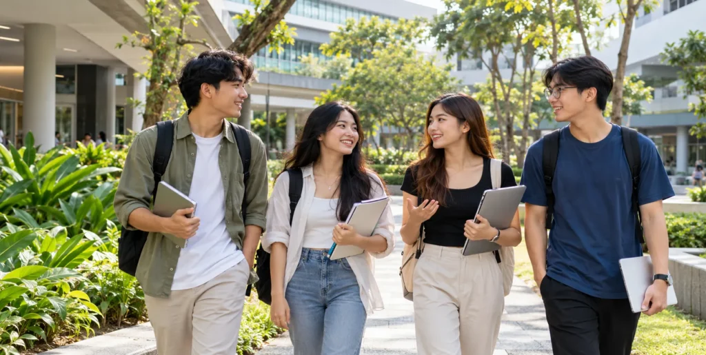 University students walking together on a campus in Singapore.