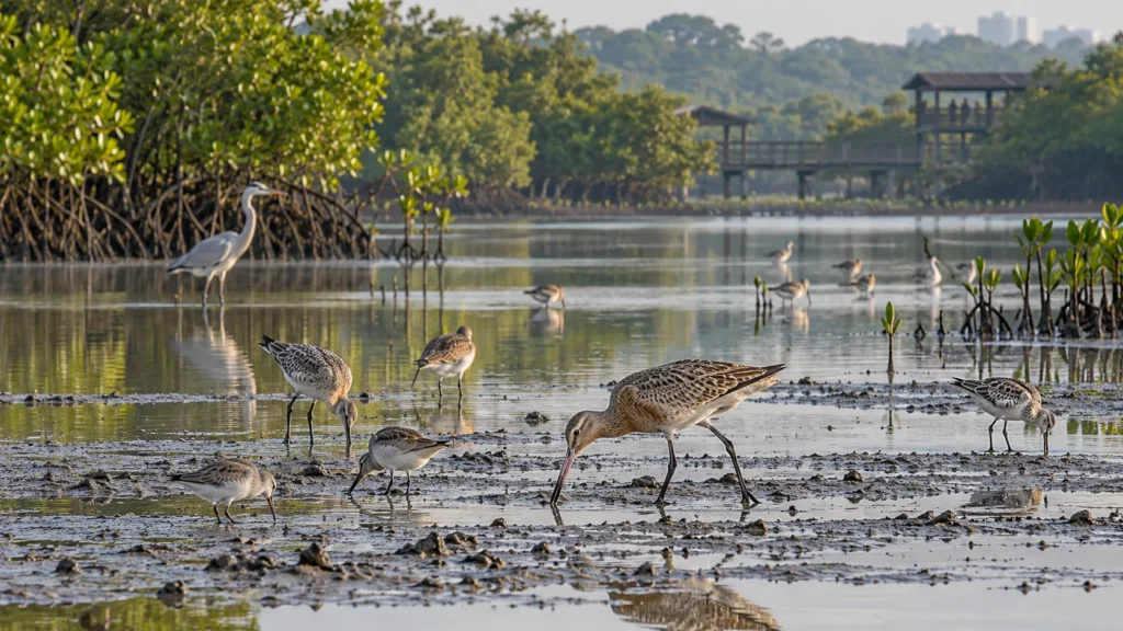 Migratory shorebirds feeding on mudflats at Sungei Buloh Wetland Reserve
