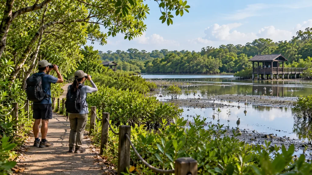 Visitors walking nature trails at Sungei Buloh Wetland Reserve Singapore