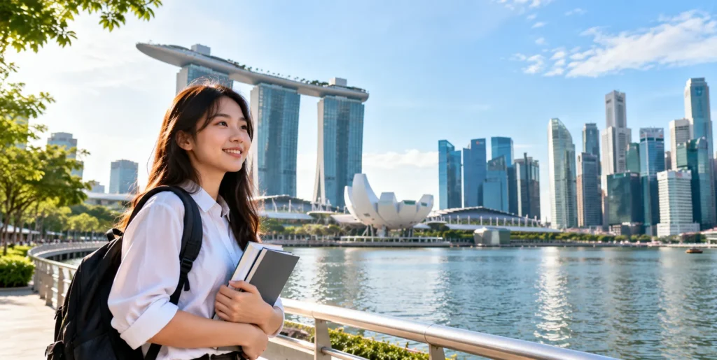 Student overlooking Singapore's skyline, representing tertiary education opportunities.