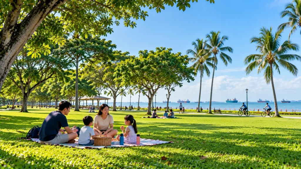 Visitors enjoying a picnic on a green lawn at West Coast Park Singapore