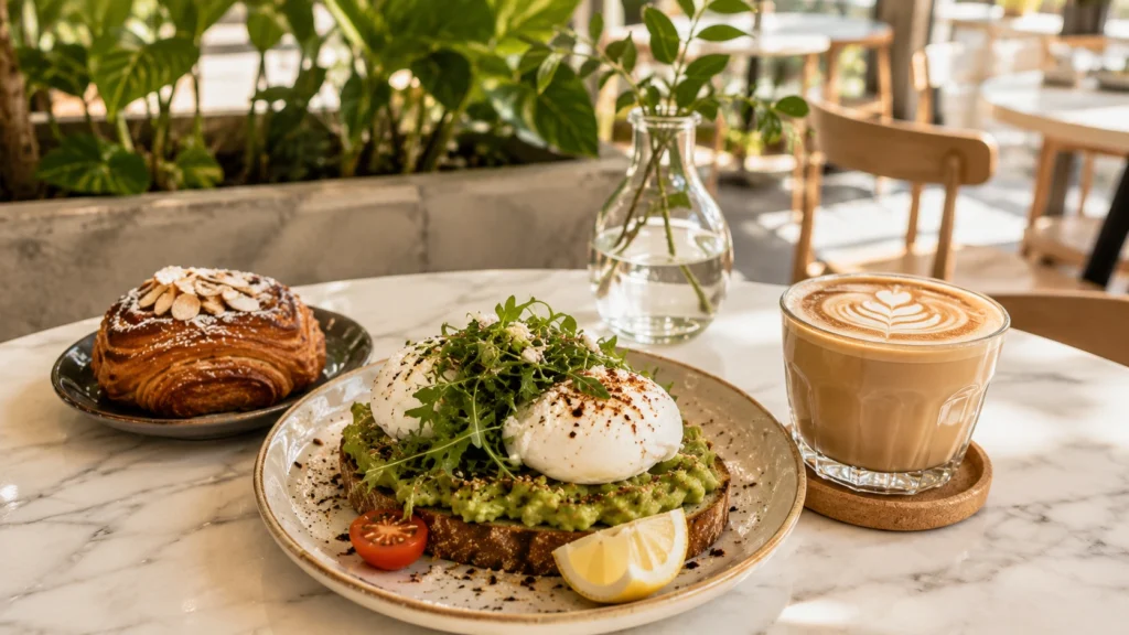 Breakfast with Good Coffee A modern café breakfast spread with avocado toast and artisan latte coffee in Woodlands, Singapore.