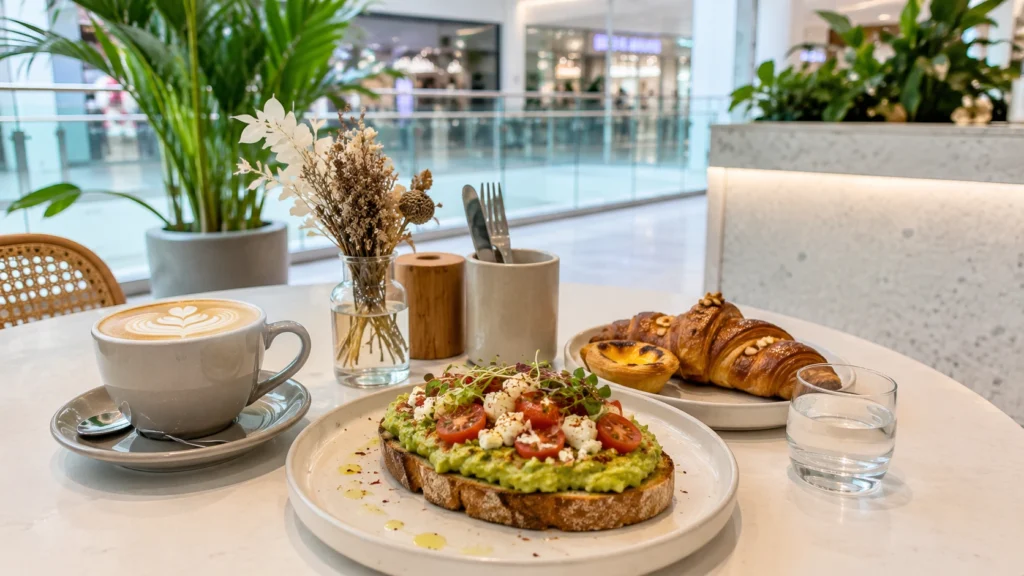 Cafe brunch spread with avocado toast and coffee at a Jurong East mall