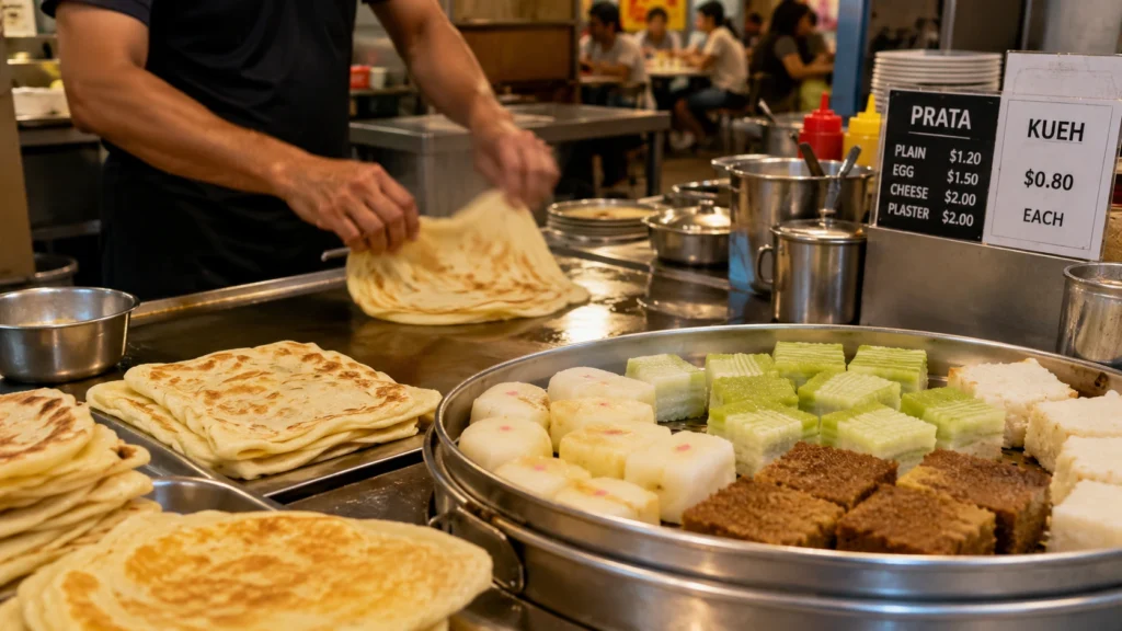 Hawker stall preparing traditional prata and kueh at a Jurong East food centre