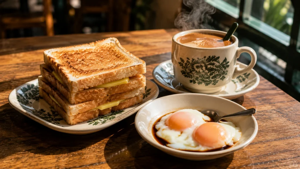 Woodlands Breakfast Guide Traditional Singaporean breakfast featuring crispy kaya toast, soft boiled eggs, and hot kopi coffee at a local coffee shop in Woodlands.