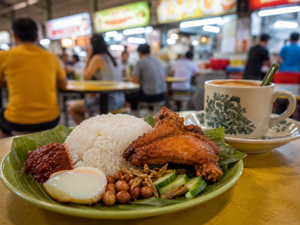 Woodlands Breakfast Guide Authentic local hawker breakfast in Woodlands Singapore featuring a fresh plate of Nasi Lemak and a traditional cup of hot kopi.