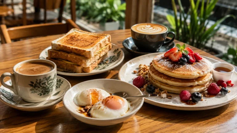 A complete Woodlands breakfast guide featuring traditional kaya toast, kopi, and modern café pancakes on a sunny morning table in Singapore.