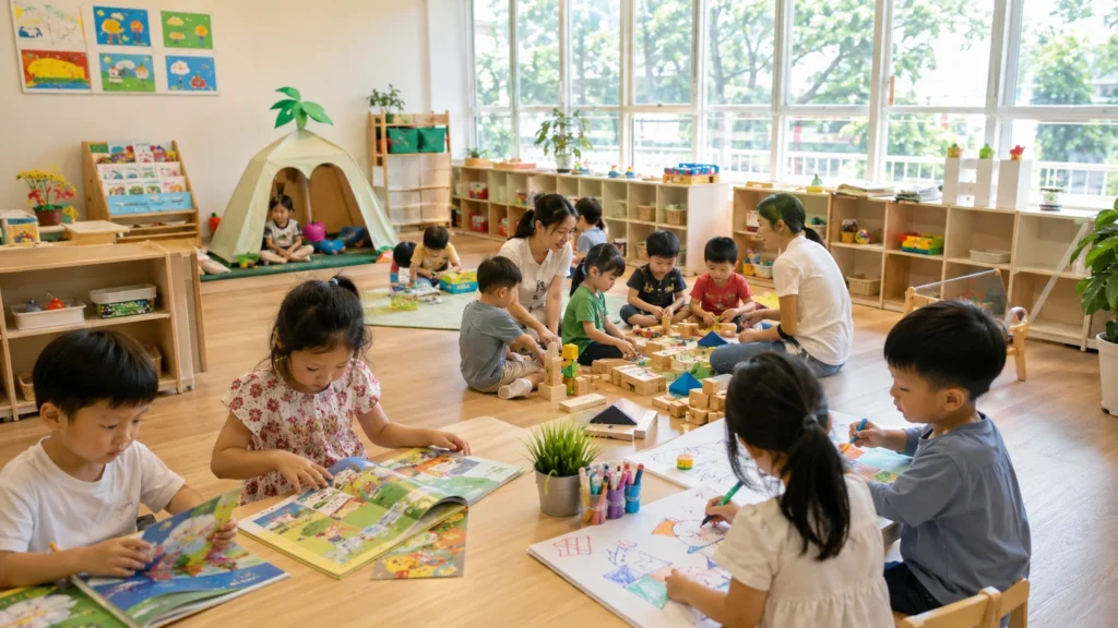 Children learning through play at a preschool in Woodlands Singapore.