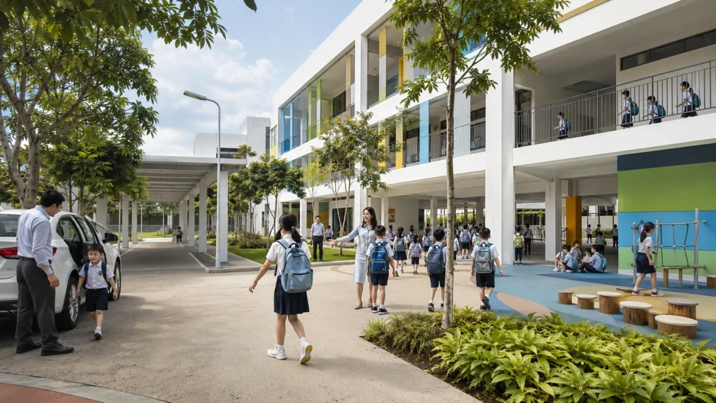 Students entering a primary school in Woodlands Singapore.