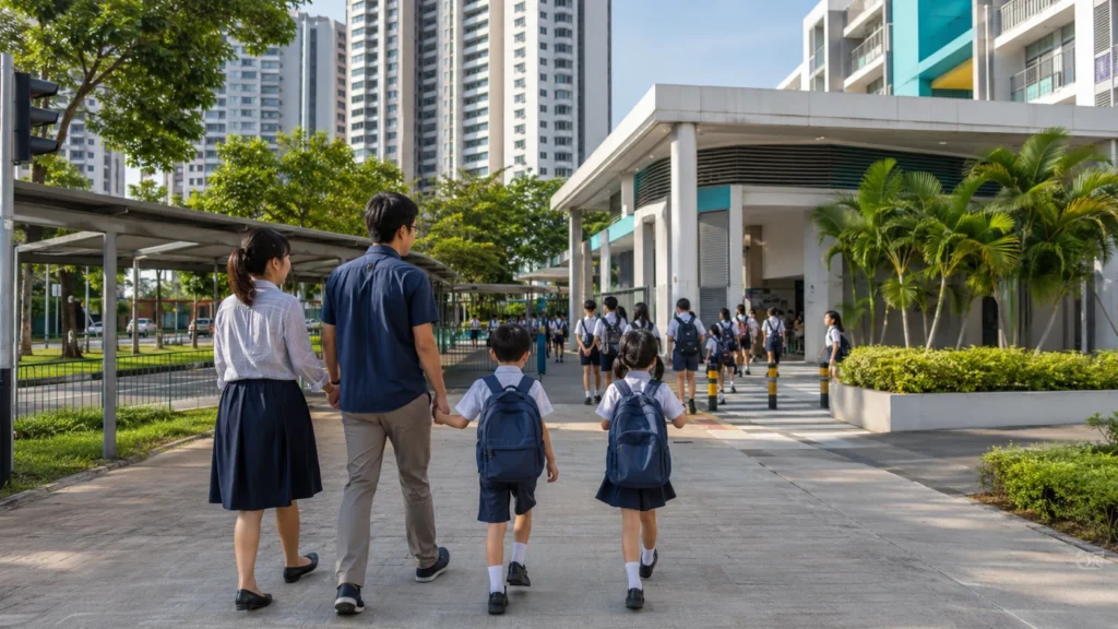 Woodlands Schools Guide showing families outside a primary school in Woodlands Singapore.