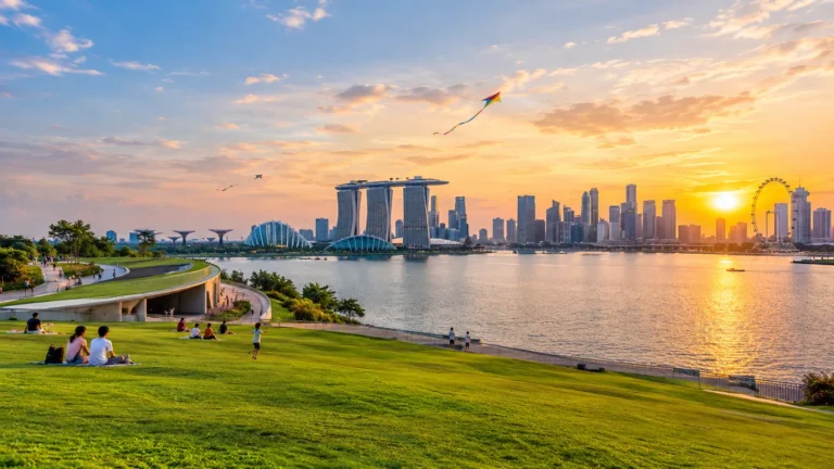 Marina Barrage Singapore with Green Roof and Marina Bay skyline