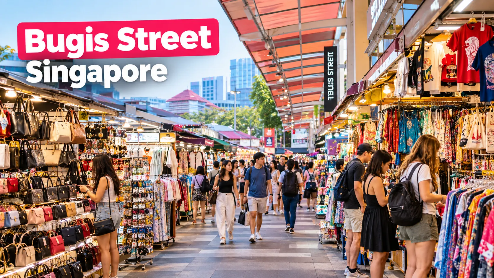 Bugis Street Singapore shopping market with colourful stalls and visitors