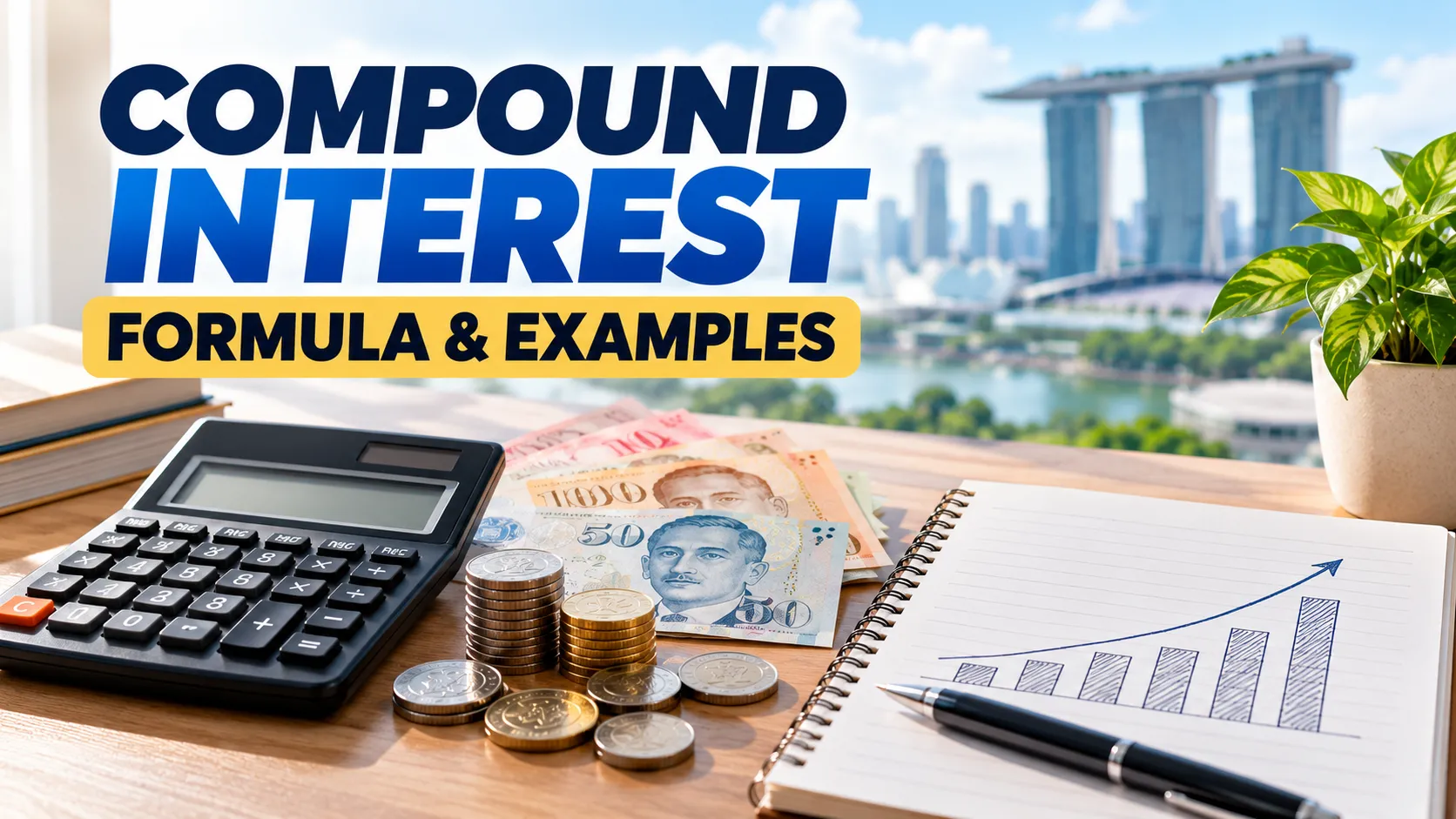 Compound interest formula examples with a calculator and Singapore dollars