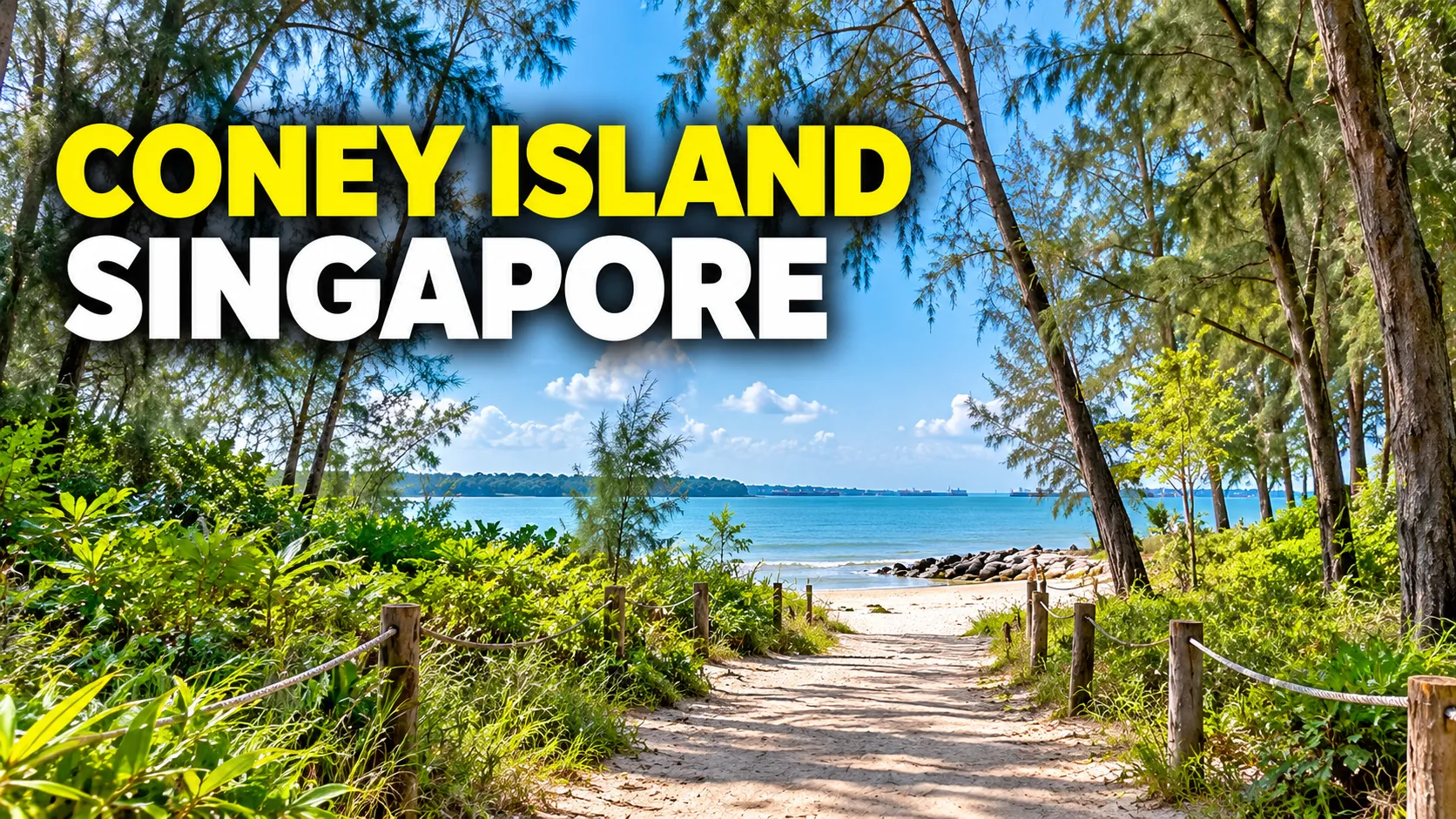 Coney Island Singapore coastal scenery with a natural trail, trees and beach