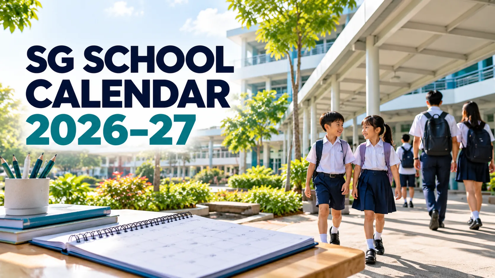 Singapore academic calendar 2026–2027 featuring a Singapore school campus and school calendar